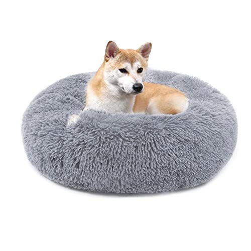 QIYUANT Rundes Plüsch Donut Haustierbett Bequem Warm Fell Kuschelig Weich Flauschig Beruhigendes Bett Rutschfeste Unterseite Hund Katze Bett (Hellgrau, 110 x 110 cm) von QIYUANT