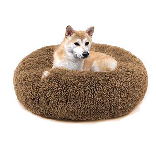 QIYUANT Rundes Plüsch Donut Haustierbett Bequem Warm Fell Kuschelig Weich Flauschig Beruhigendes Bett Rutschfeste Unterseite Hund Katze Bett (Khaki, 100 x 100 cm) von QIYUANT