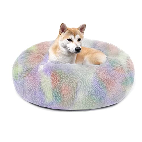 QIYUANT Rundes Plüsch Donut Haustierbett Bequem Warm Fell Kuschelig Weich Flauschig Beruhigendes Bett Rutschfeste Unterseite Hund Katze Bett (Regenbogen, 100 x 100 cm) von QIYUANT