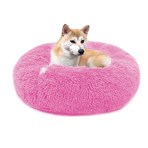 QIYUANT Rundes Plüsch Donut Haustierbett Bequem Warm Fell Kuschelig Weich Flauschig Beruhigendes Bett Rutschfeste Unterseite Hund Katze Bett (Rosa, 40 x 40 cm) von QIYUANT