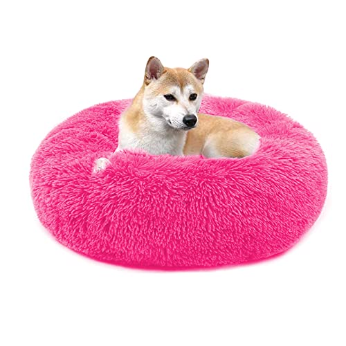 QIYUANT Rundes Plüsch Donut Haustierbett Bequem Warm Fell Kuschelig Weich Flauschig Beruhigendes Bett Rutschfeste Unterseite Hund Katze Bett (Rosenrot, 80 x 80 cm) von QIYUANT