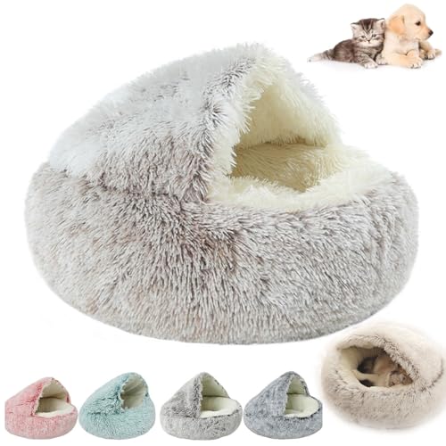 QJDTZMD Pursnug Cat Bed, Pursnug Calming Cozy Cave, Calming Dog Beds & Cat Cave Bed with Hooded, Non-Slip Bottom Winter Pet Plush Bed for Dogs Cats (60 * 60CM,Brown) von QJDTZMD