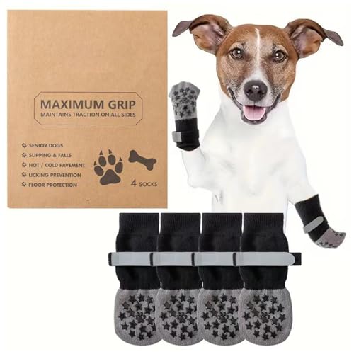 QKEPCY 2 Paar Hundesocken Pfotenschutz Haftsocken für Drinnen Anti-Rutsch Socken für Hunde Hundestoppersocken mit Reflektierendem Klettverschluss Doppelseitige Griffe Hundesocken (L) von QKEPCY