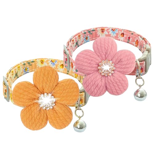 QKEPCY 2er-Pack Blumen Kätzchen mit Glocken Kleine Hunde Dog Collar Strass Hundehalsband Verstellbare Halsband Rosa und Gelb von QKEPCY