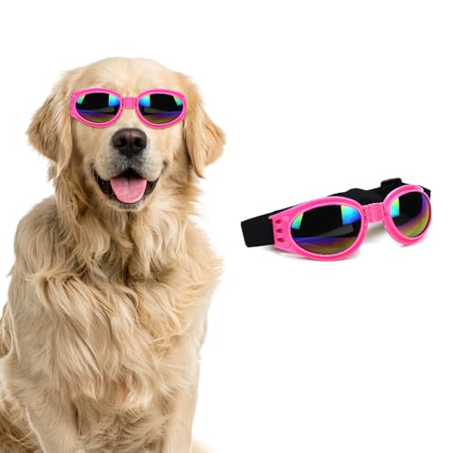 QKEPCY Hundebrille UV Schutzbrille Wasserdicht Winddicht Einstellbar Sonnenbrille Hund Haustier Sonnenbrille Mode Schutzbrille für Große Mittelgroße und Kleine Hundebrille(Rosa) von QKEPCY