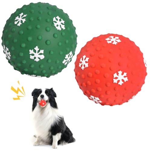 2 Stück Weihnachten Squeaky Hund Bälle,Quietschende Hundebälle,Latex Hundespielzeug Ball,Zähne Training Hund Ball Spielzeug,Hund Interaktive Hund Ball Kauspielzeug für Welpen,kleine und mittlere Hunde von QKURT