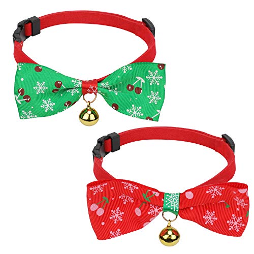 2pcs Weihnachten Haustier Halsband, QKURT Einstellbare Weihnachten Welpen Halsband, süßes weihnachtliches Muster Hals Ring Krawatte für kleine Hund Katze, Haustier Kragen Fliege Zubehör von QKURT