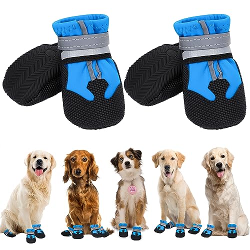 4 Stück Hundeschuhe,Hundestiefel Pfotenschutz,Wasserdichte Hundeschuhe mit reflektierenden Riemen,Verstellbare,waschbare rutschfeste Hundeschuhe,Outdoor Pfotenschützer Hundeschuhe für Kleine Hunde(S) von QKURT