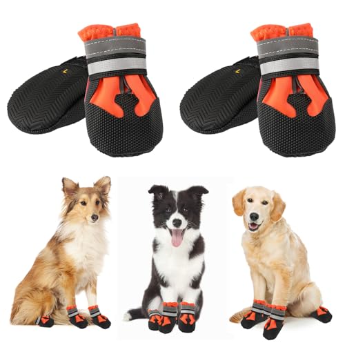 4 Stück Hundeschuhe L,Hundestiefel Pfotenschutz,Wasserdichte Hundeschuhe mit reflektierenden Riemen,Verstellbare,waschbare rutschfeste Hundeschuhe,Outdoor Pfotenschützer Hundeschuhe für große Hunde,L von QKURT