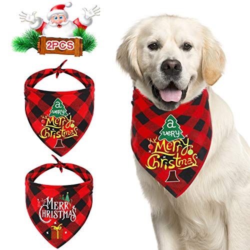 QKURT 2er Pack Hund Bandanas, Weihnachten Classic Buffalo Plaid Pet Triangle Lätzchen Halstuch Set Weihnachten Haustier Kostüm für mittelgroße Hunde Katzen Haustier von QKURT