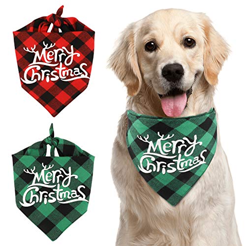 QKURT 2er Pack Hund Weihnachten Bandanas, Weihnachten Classic Plaid Haustiere Schal Dreieck Lätzchen Halstuch Set Haustier Kostüm für mittelgroße Hunde von QKURT