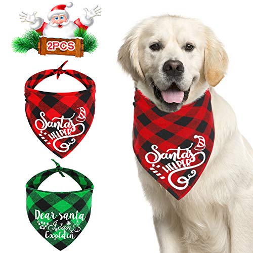 QKURT 2er Pack Weihnachtshund Bandanas, Weihnachten Classic Buffalo Plaid Haustier Schal Dreieck Lätzchen Halstuch Set Weihnachten Haustier Kostüm für mittelgroße Hunde Katzen Haustier von QKURT