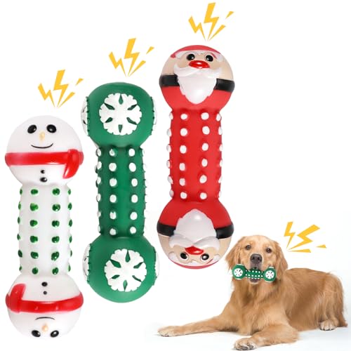 QKURT 3 Stück Weihnachten Squeaky Hundespielzeug,Weihnachten Hund kauen Spielzeug Welpe Zähne Reinigung Kauspielzeug,Haustier Interaktives Latex Hundespielzeug für Welpen,Kleine und mittlere Hunde von QKURT