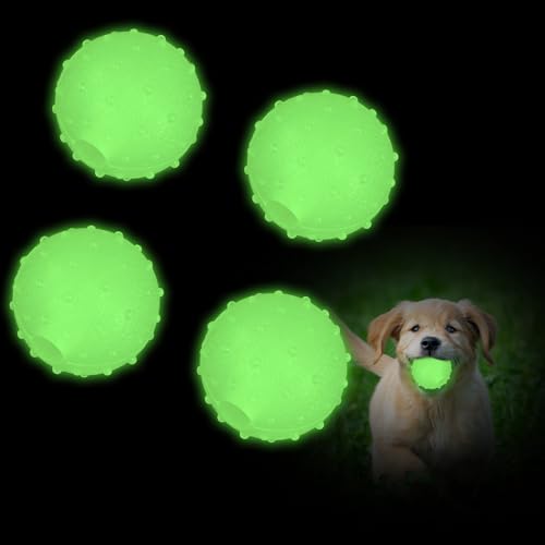 QKURT 4 Stück Glow In The Dark Dog Hundeball, Phosphoreszierender Ball für Hunde, Glow Ball Interaktives Hundespielzeug Ball, Leuchtet im Dunklen, Dehnbarer Gummiball für kleine und mittlere Hunde von QKURT