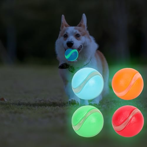 QKURT 4 Stück Glow In The Dark Hundeball, Leuchtende Gummi-Hundebälle mit hoher Sprungkraft, Unzerstörbarer Hundeball Spielzeug, Leuchtet im Dunklen, mit Quietscher, Hund Interaktives Hundebälle von QKURT