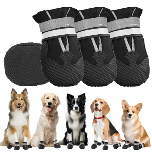 QKURT 4 Stück Hundeschuhe,Hundestiefel Pfotenschutz,wasserdichte Hundeschuhe mit reflektierenden Riemen,Verstellbare,waschbare rutschfeste Hundeschuhe,Pfotenschützer Hundeschuhe für Mittlere Hunde von QKURT