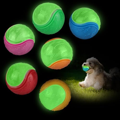 QKURT Glow In The Dark Dog Hundeball, interaktive Hundeball Spielzeug, Leuchtende hoher Sprungkraft Gummi Hundebälle, Zähne Training Hund Ball Spielzeug, für kleine, mittlere und große Hunde, 6 Pcs von QKURT