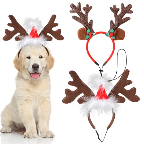 QKURT Haustier Stirnband Weihnachten, Rentier Geweih Stirnband mit Weihnachtsmütze, Hund Katzen Elch Geweih Stirnbänder Set, Verstellbare Kopfschmuck mit Weihnachtsmütze für Kleine und Mittelgroße von QKURT