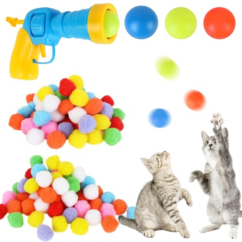 QKURT Katzenspielzeug Bälle,Interaktives Launch-Training Katzenspielzeug,Katzenspielzeug-Werfer mit Ballwerfer Katze,30 Stück weichen Katzen Pom Pom Bällen,3 Katze Bouncy Bälle,Katze Fetch Spielzeug von QKURT