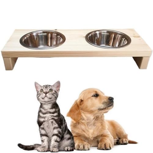 Futterstation Doppelnapf Pet Diner Holz Ständer Hundenapf Katzennapf Hundebar Futterbar handgefertigt hell 50 x 19,5 x 7,5 cm 0,9 L von QLS