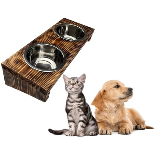 Futterstation schräger Doppelnapf Pet Diner Geflammt Holz Ständer Hundenapf Katzennapf Hundebar Futterbar 7-12 cm 2x0,9 L von QLS