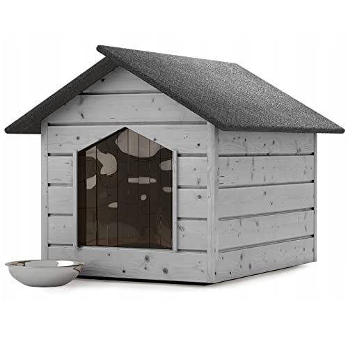 Hundehütte Outdoor Grau Katzenhaus Höhle Winterfest Isoliert Holz 116x90x82cm von QLS