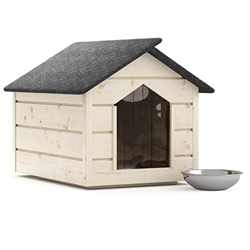 Hundehütte Outdoor Hundehaus L Farblos Katzenhaus Höhle Winterfest Isoliert massiv Holz 80x64x61cm (Farblos) von QLS