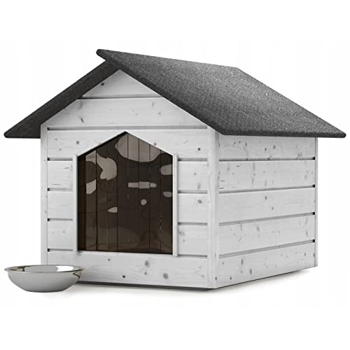 Hundehütte outdoor Weiß Katzenhaus Höhle Winterfest Isoliert Holz 116x90x82cm von QLS