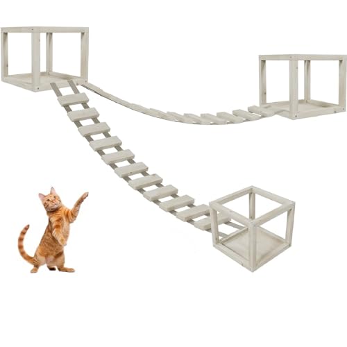 Katzen Kletterwand Set mit 2 Brücken und 3 Liegen aus Holz Deckenmontage Anpassbar von QLS