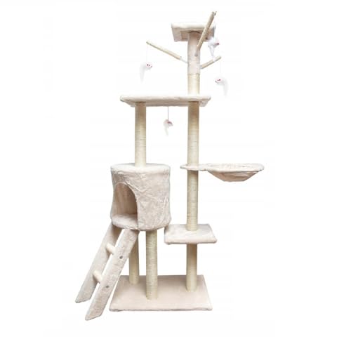 Kratzbaum 140 cm hoch Katzenbaum Katzenkletterbaum Kletterturm Katzenhöhle Sisalseil XL (Beige) von QLS