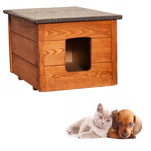 QLS Hunde- Katzenhaus aus Holz 54x40 cm Isoliert Winterfest Montiert Outdoor (Teak, 54x40cm) von QLS