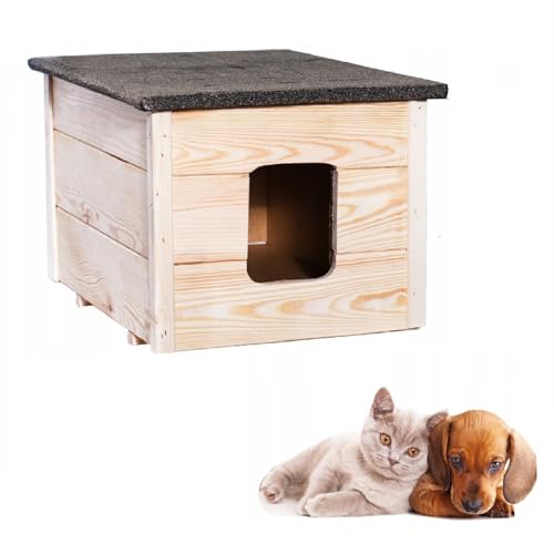 QLS Hunde- Katzenhaus aus Holz 54x40 cm Isoliert Winterfest Montiert Outdoor (Unbemalt, 54x40cm) von QLS