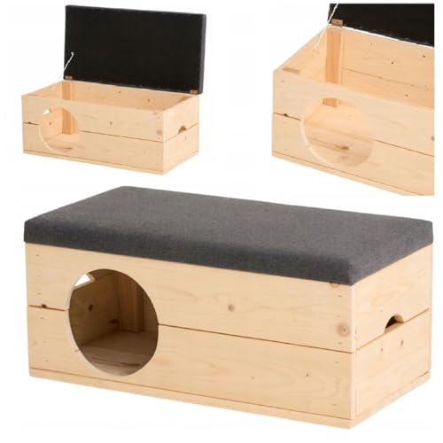 QLS Hunde- Katzenhaus aus Holz 80x40x36 cm Komfortable Box mit Sitzbank für Haustiere (Grau, 80x40) von QLS