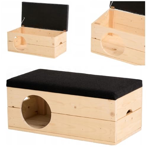 QLS Hunde- Katzenhaus aus Holz 80x40x36 cm Komfortable Box mit Sitzbank für Haustiere (Schwarz, 80x40) von QLS