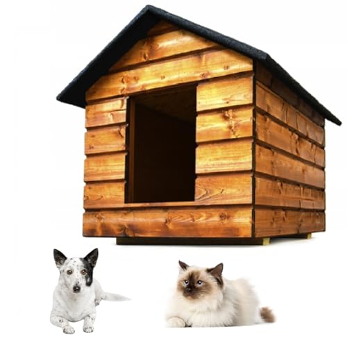 QLS Hundehütte Katzenhaus Größe M mit Vorhang Isoliert Winterfest Outdoor (Kiefer, M) von QLS