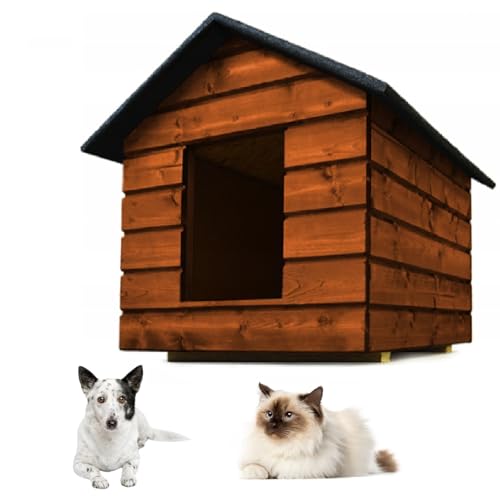 QLS Hundehütte Katzenhaus Größe M mit Vorhang Isoliert Winterfest Outdoor (Teak, M) von QLS