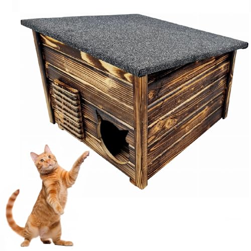 QLS Katzenhaus 52x52 cm aus Holz mit Kratzbrett Geflammt Outdoor von QLS