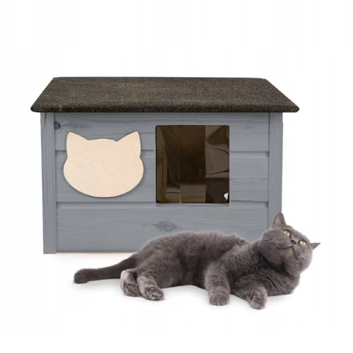 QLS Katzenhaus aus Holz 53x39 cm mit Matratze Isoliert Montiert Winterfest (Grau, 53x39cm) von QLS