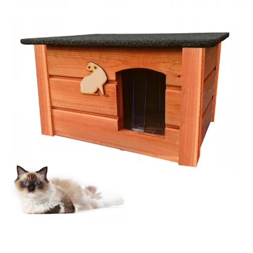 QLS Katzenhaus aus Holz 60x44 cm für draißen Isoliert Winterfest Montiert Outdoor (Teak, 60x44 cm) von QLS