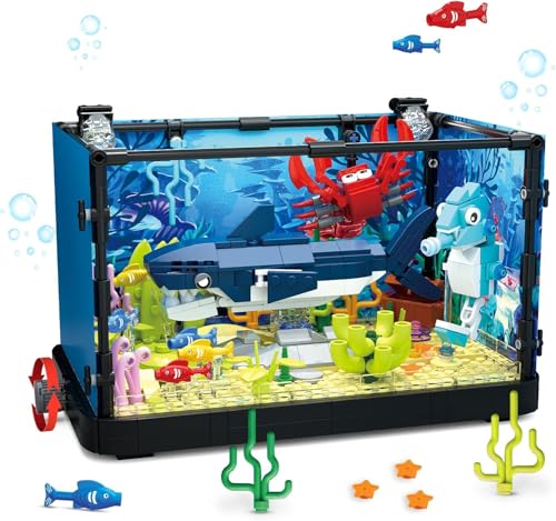 QLT Aquarium Hai Fish Tank Ideas Bauspielzeug mit LED Licht, Aquarium klemmbausteine deko bausteine Geschenk für Erwachsene und Jungen Mädchen ab 8-12 Jahren（648PCS） von QLT QIAOLETONG