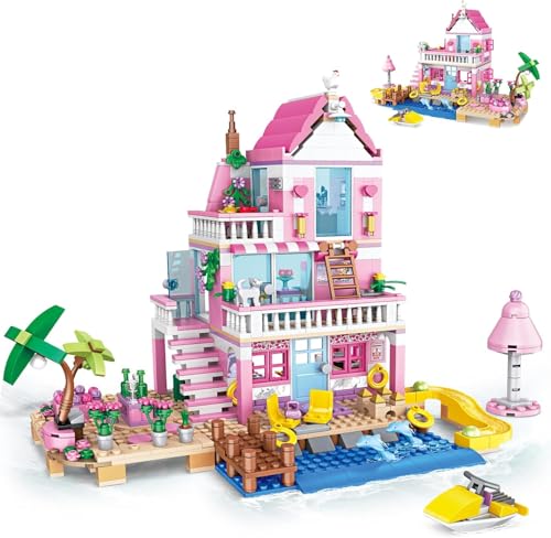 QLT QIAOLETONG Friends Pink Seaside Beach Villa Klemmbausteinen Haus Konstruktionsspielzeug，kompatibel mit Lego Friends Mädchen Haus Geschenk für Mädchen 8–18 und Erwachsene Liebhaber von Baust 822PCS von QLT QIAOLETONG