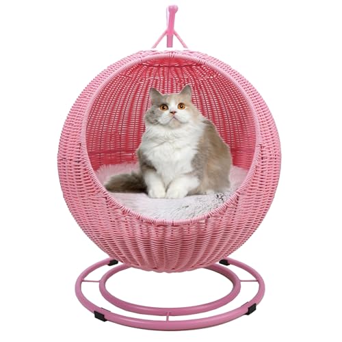 QLXYYFC Katzenschaukelbett, Katzensitzstange mit Abnehmbarem Kissen und Hängendem Ball, Waschbare Haustierschaukel für Katzen, Kleine Hunde und Kleine Schlafende und Spielende Tiere (Color : Pink, S von QLXYYFC