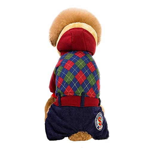 Karierter Haustierpudel Teddy Hundekleidung, warm, 4 Beine, Hunde, Plüschkleidung, Mantel, Winter, kleine Hunde, britischer Stil, Gitterbekleidung für Hunde, kleine bis mittelgroße (Medium, Rot) von QOODOAL