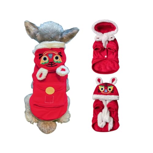 QOODOAL Winterkleidung für Hunde im chinesischen Stil, Baumwolljacke, warmer Mantel, Kapuzenpullover, Sweatshirts zum Feiern des chinesischen Neujahrs (Rot, XXXL) von QOODOAL