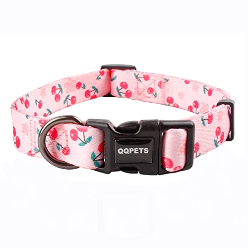 QQPETS Cherry Garden Hundehalsband mit rosa Blumenmuster für XS, S, M, L, Welpen, Welpen, Spaziergänge, Laufen, Training (M, Sakura Pink) von QQPETS