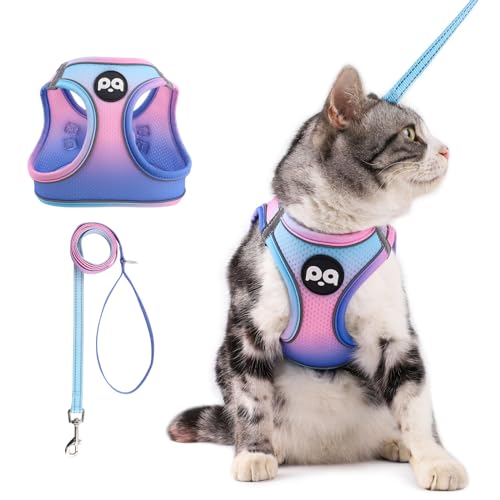 QQPETS Katzengeschirr und Leine, Set zum Spazierengehen, ausbruchsicher, verstellbar, mit reflektierenden Streifen, einfache Kontrolle, weiches Netzgewebe, leichte Jacke, Blau-Rosa, Farbverlauf, Größe von QQPETS