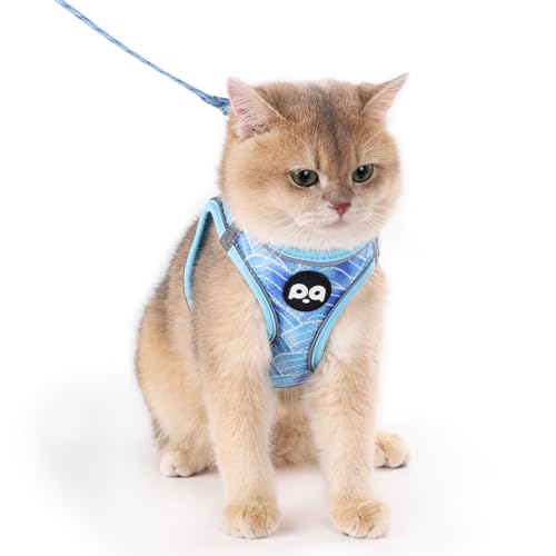 QQPETS Katzengeschirr und Leine, Set zum Spazierengehen, ausbruchsicher, verstellbar, mit reflektierenden Streifen, einfache Kontrolle, weiches Netzgewebe, leichte Jacke, gestreift, Größe M (40 - 45 von QQPETS