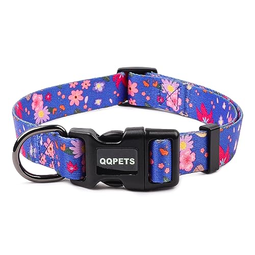 QQPETS Verstellbares, weiches Hundehalsband: Druckblumen, rosa, mehrfarbig, niedliche Muster, für XS, S, M, L, für Mädchen, Jungen, Welpen, Spazierengehen, Laufen, Training (XS, Kornblumenblau) von QQPETS