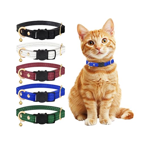 Qianruida Katzenhalsband aus Leder mit Glöckchen, sicheres Halsband für Katzen, Sicherheitsschnalle, Kätzchenhalsband, Blau von QRD QIANRUIDA