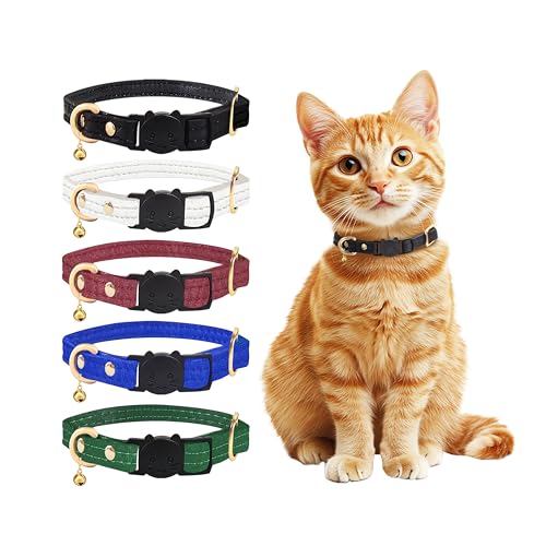 Qianruida Katzenhalsband aus Leder mit Glöckchen, sicheres Halsband für Katzen, Sicherheitsschnalle, Kätzchenhalsband, Schwarz von QRD QIANRUIDA